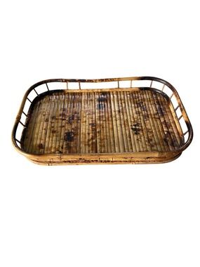Vintage Natural Bamboo MCM Boho Tiki Serving Tray - Amber Brown